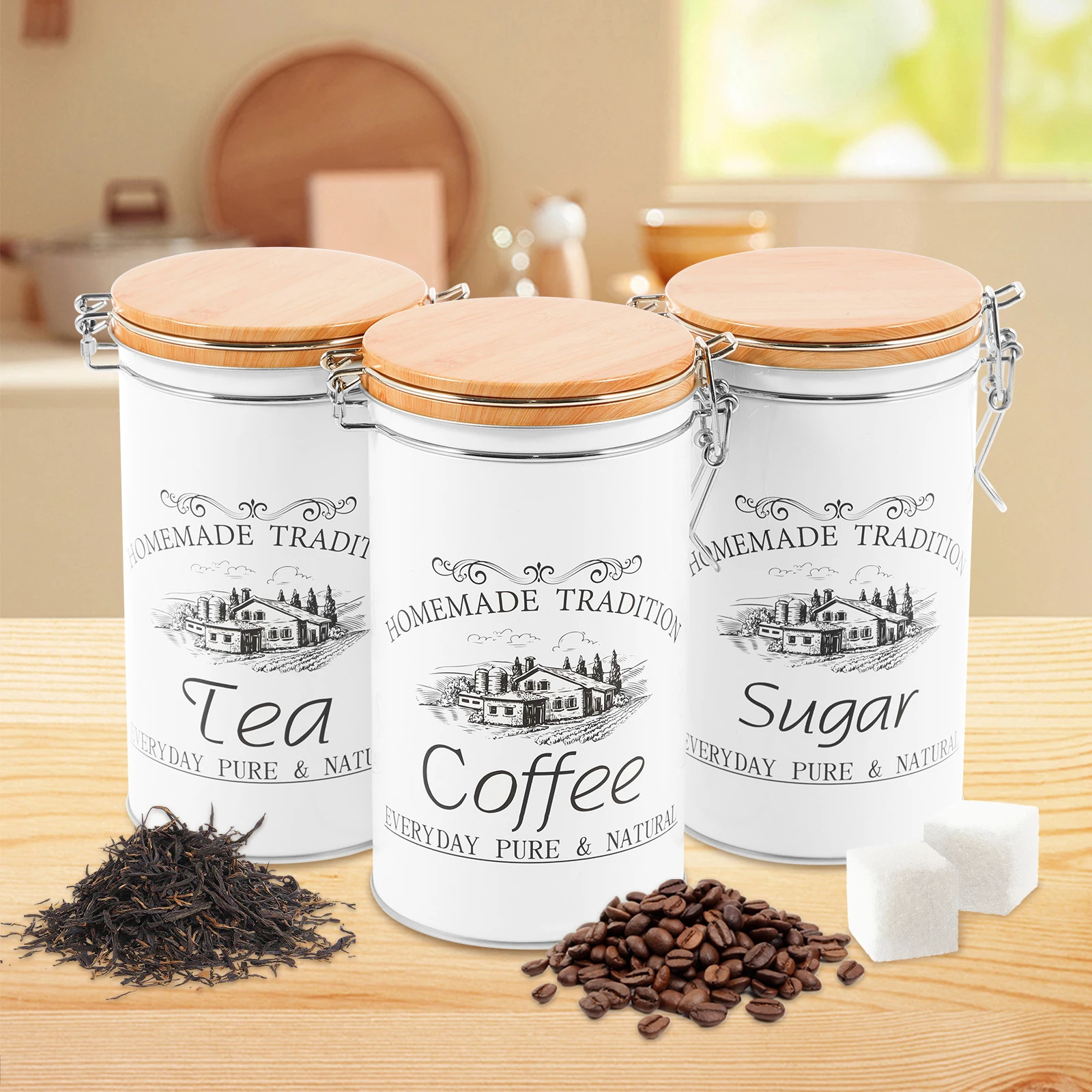 Coffee Tea Sugar Container Set - Набор из 3-х металлических банок для