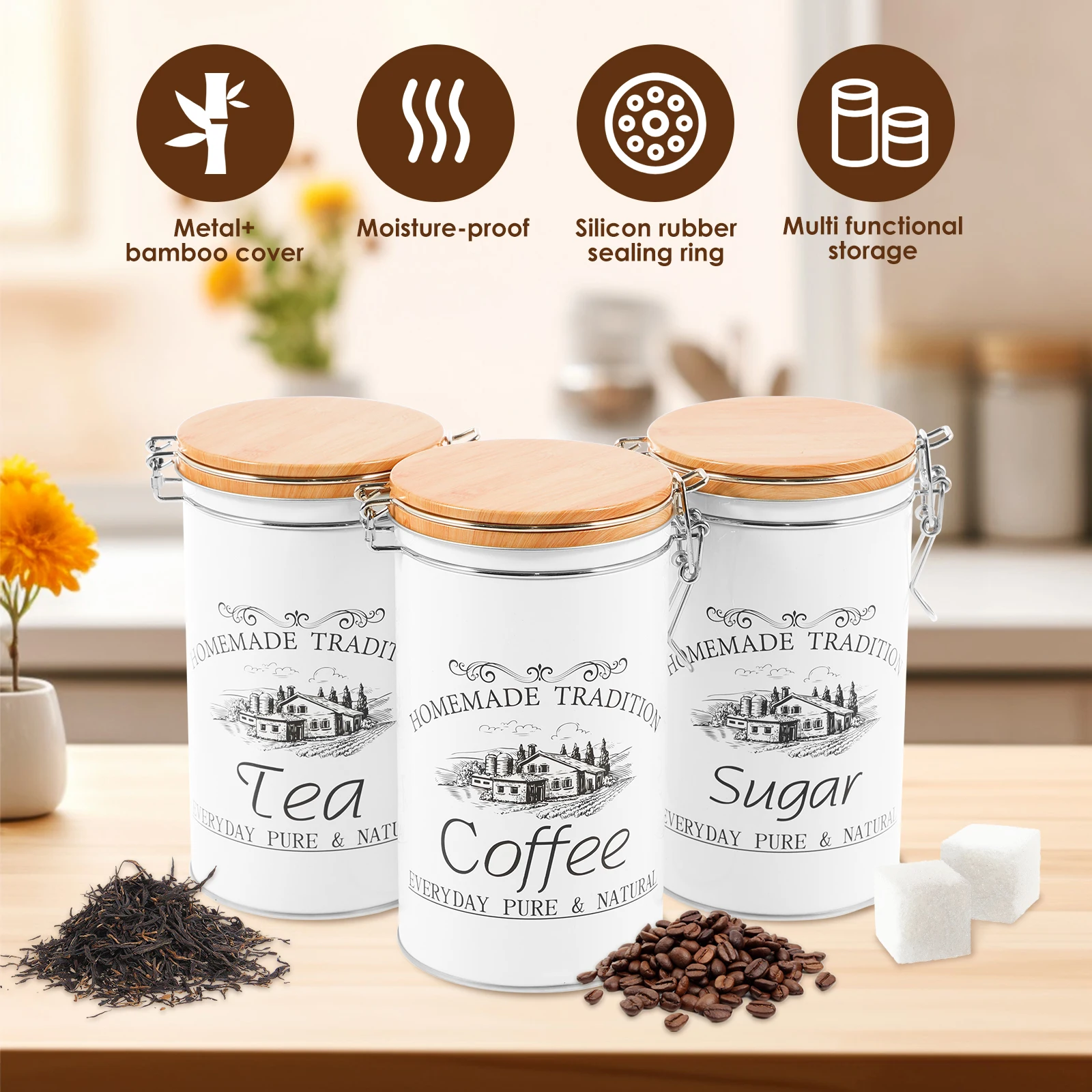 Набор из 3-х металлических бан – обзор и цена Coffee Tea Sugar Container Set